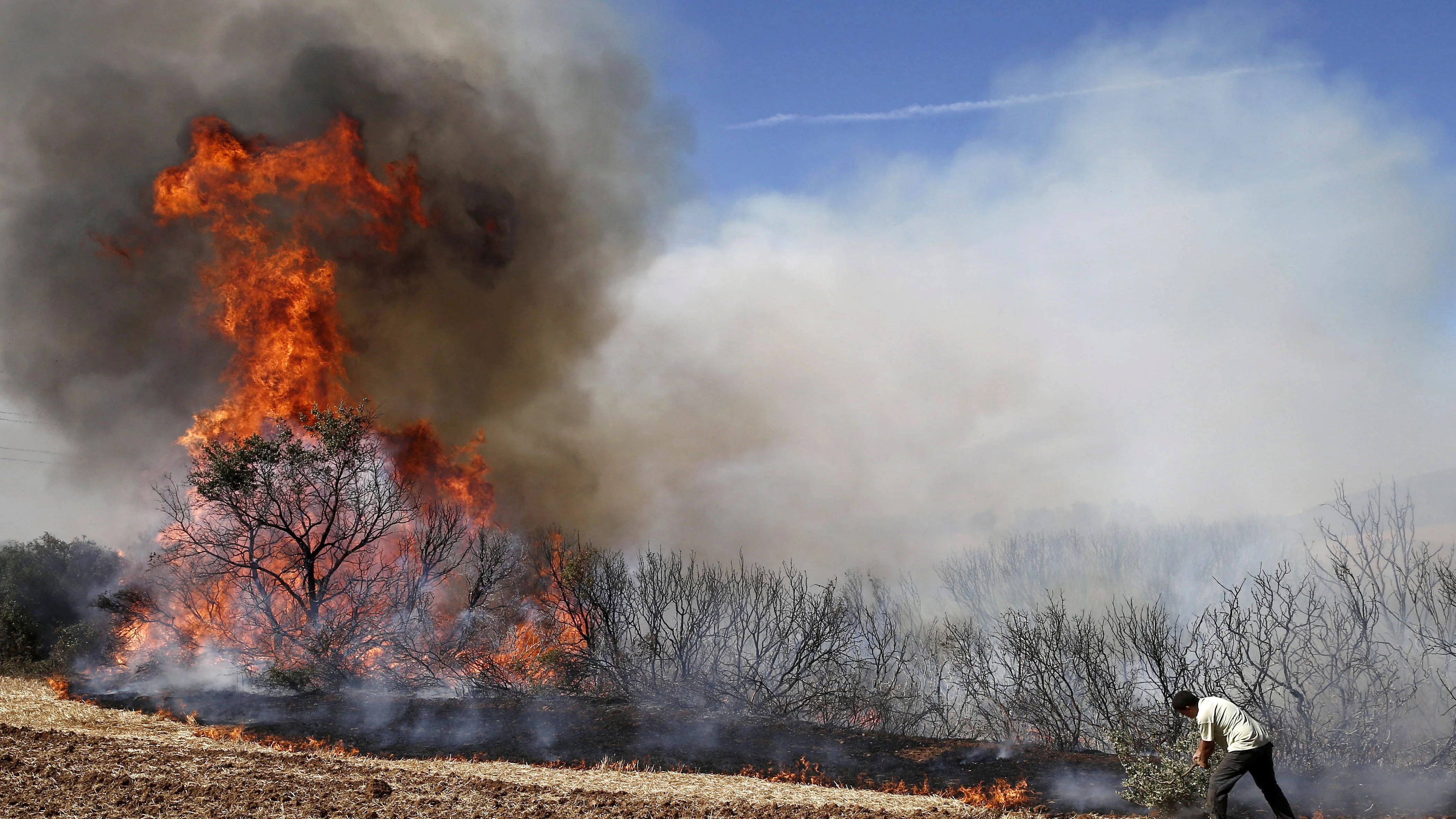 Un hombre combate las llamas del incendio declarado en las inmediaciones de la localidad navarra de Tafalla.