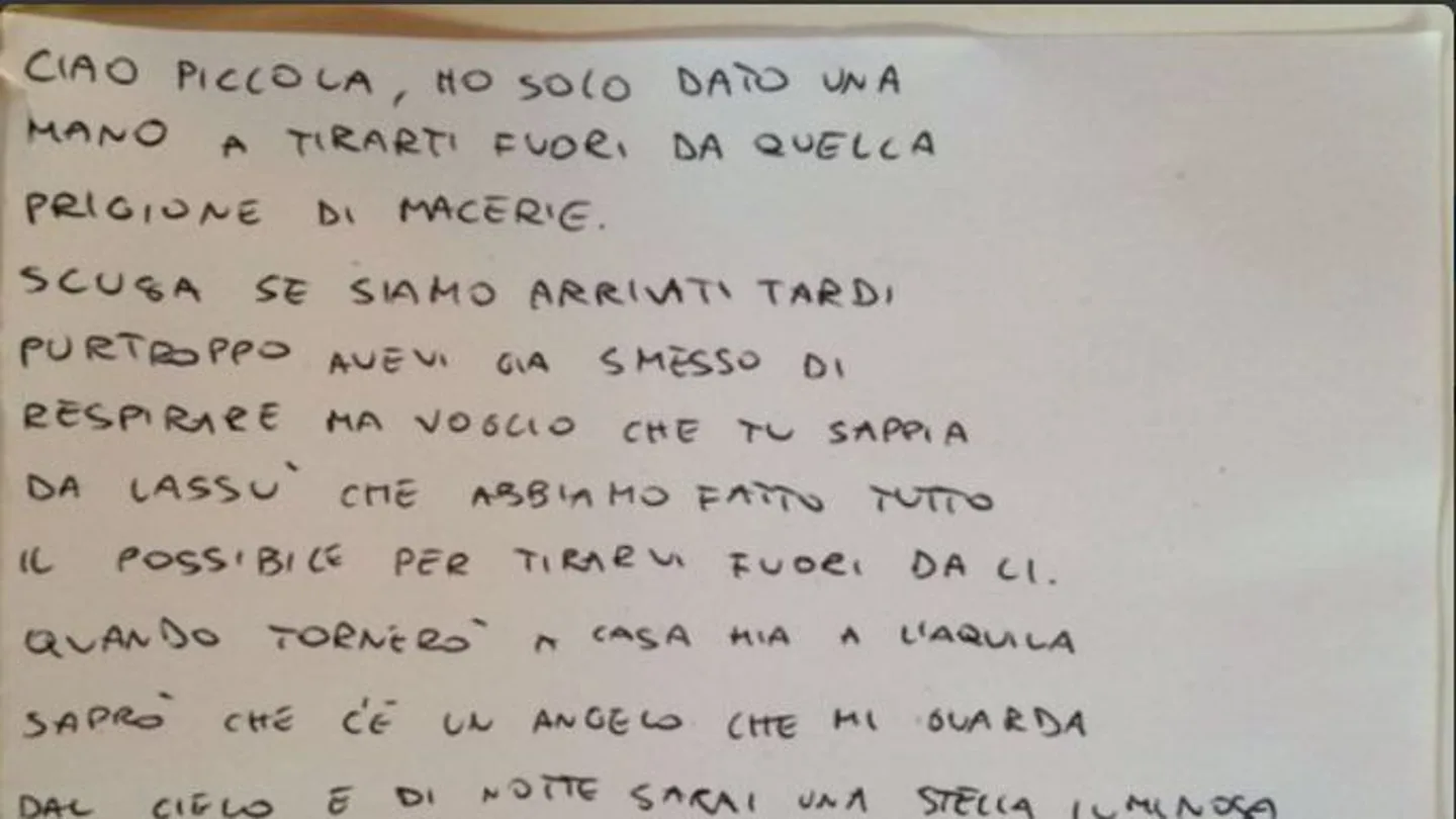 Carta de un bombero a una niña fallecida en el terremoto de Italia Carta de un bombero a una niña fallecida en el terremoto de Italia