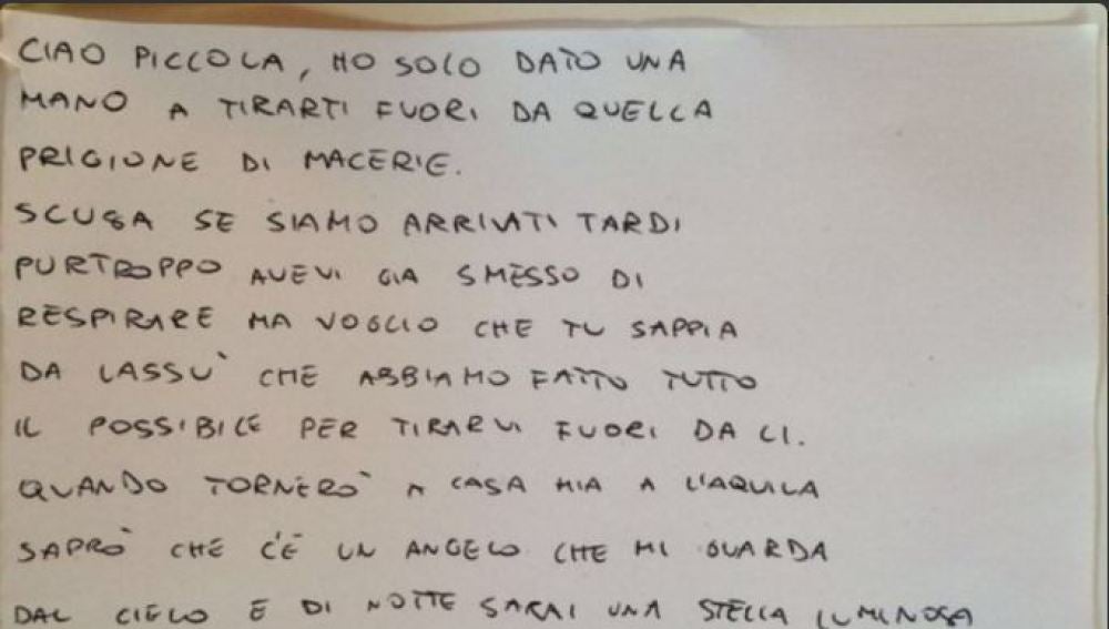 Carta de un bombero a una niña fallecida en el terremoto de Italia