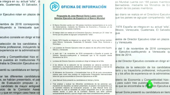 Frame 46.438726 de: laSexta Noticias accede al argumentario que ha distribuido el PP para defender el nombramiento del exministro Soria Frame 46.438726 de: laSexta Noticias accede al argumentario que ha distribuido el PP para defender el nombramiento del exministro Soria