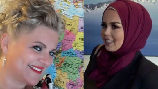 Imagen de la peluquera Merete Hodne y la musulmana Malika Bayan