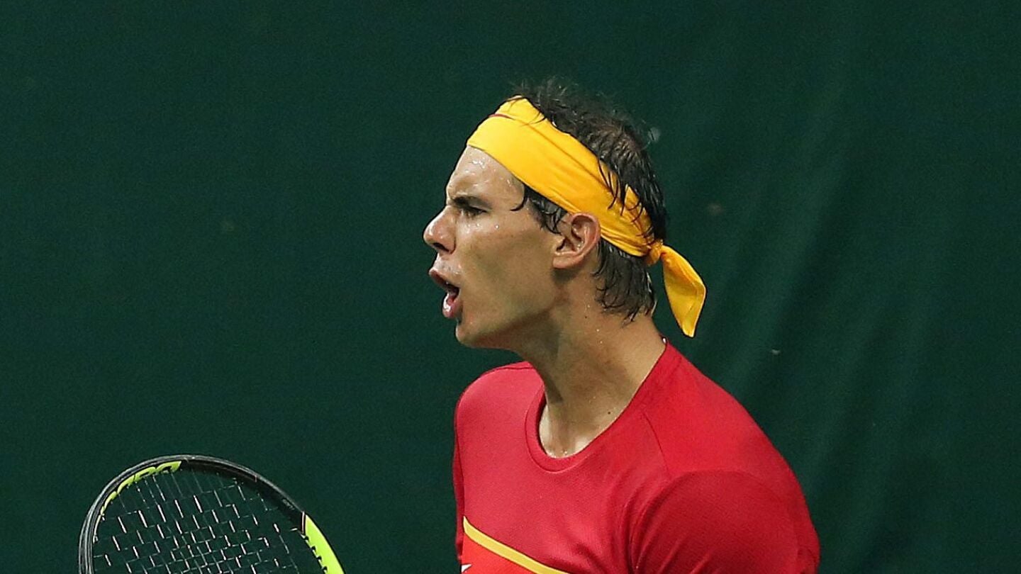 Nadal celebra un punto en el partido de dobles