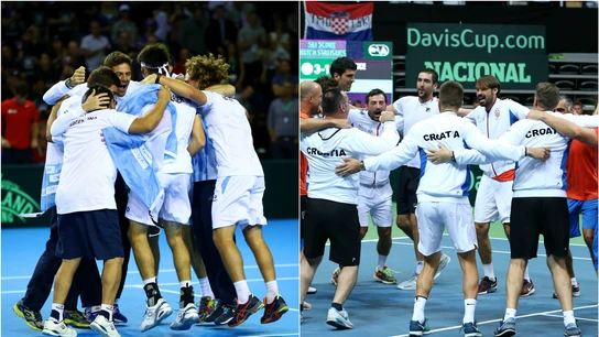 Los jugadores argentinso y croatas celebran la clasificación para la la final de la Copa Davis Los jugadores argentinso y croatas celebran la clasificación para la la final de la Copa Davis