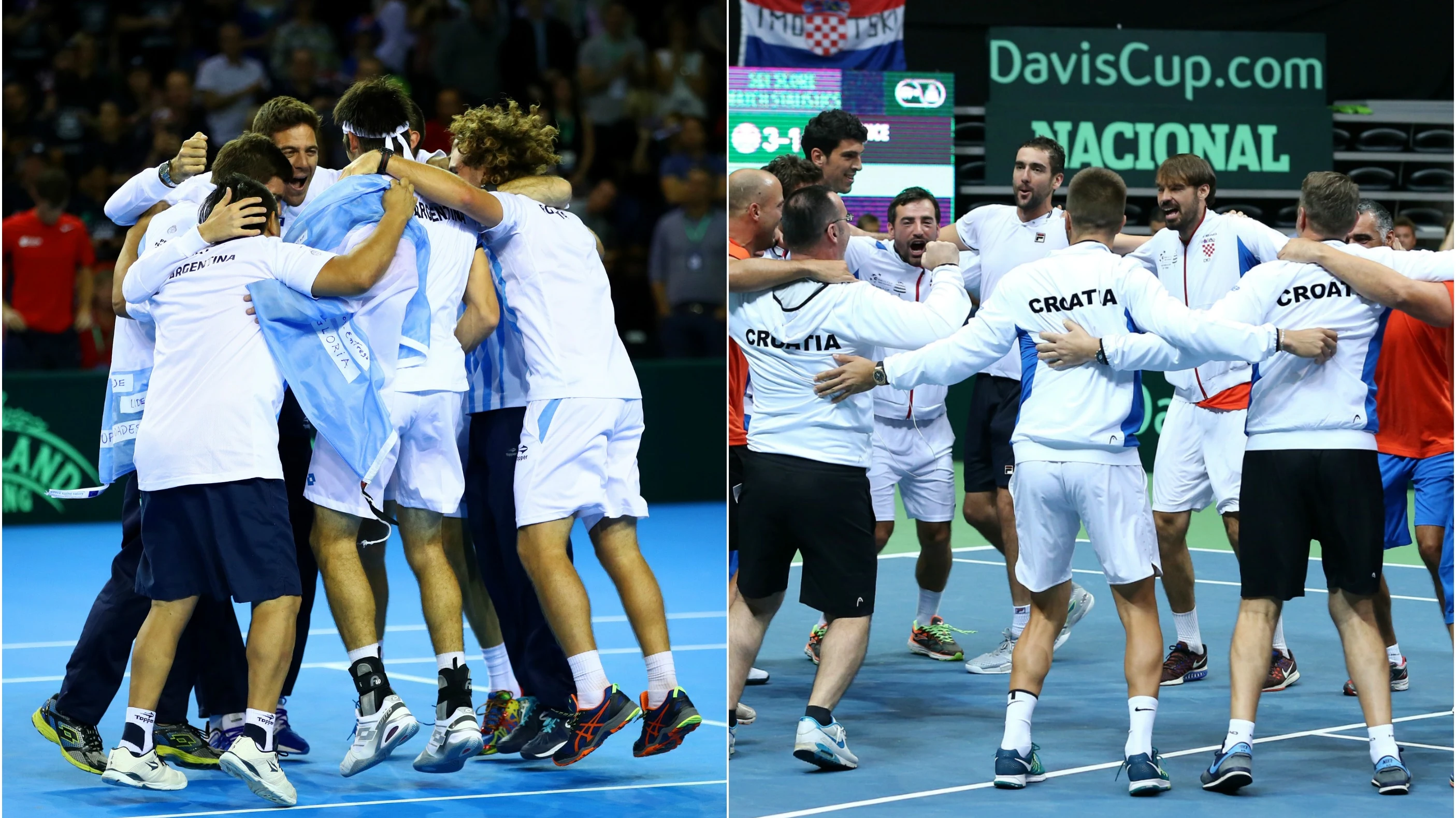 Los jugadores argentinso y croatas celebran la clasificación para la la final de la Copa Davis