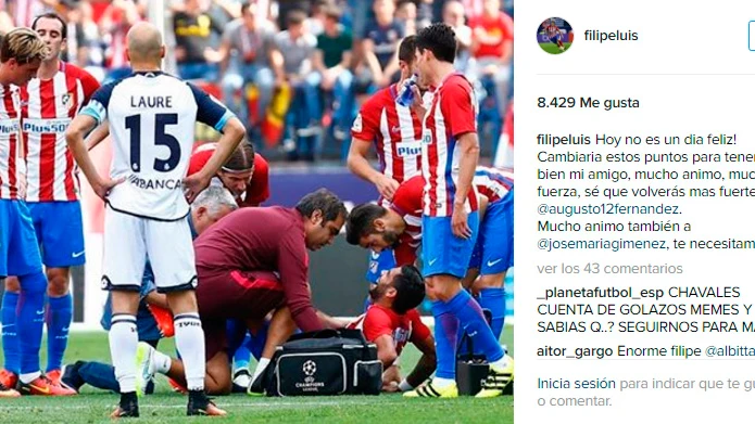 Mensaje de apoyo de Filipe Luis tras la lesión de Augusto en Instagram