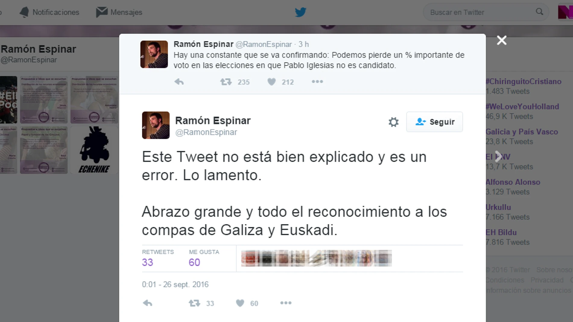 Tuit de Ramón Espinar