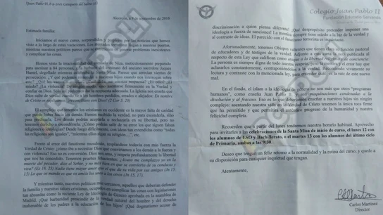La carta del director del colegio Juan Pablo II de Alcorcón La carta del director del colegio Juan Pablo II de Alcorcón