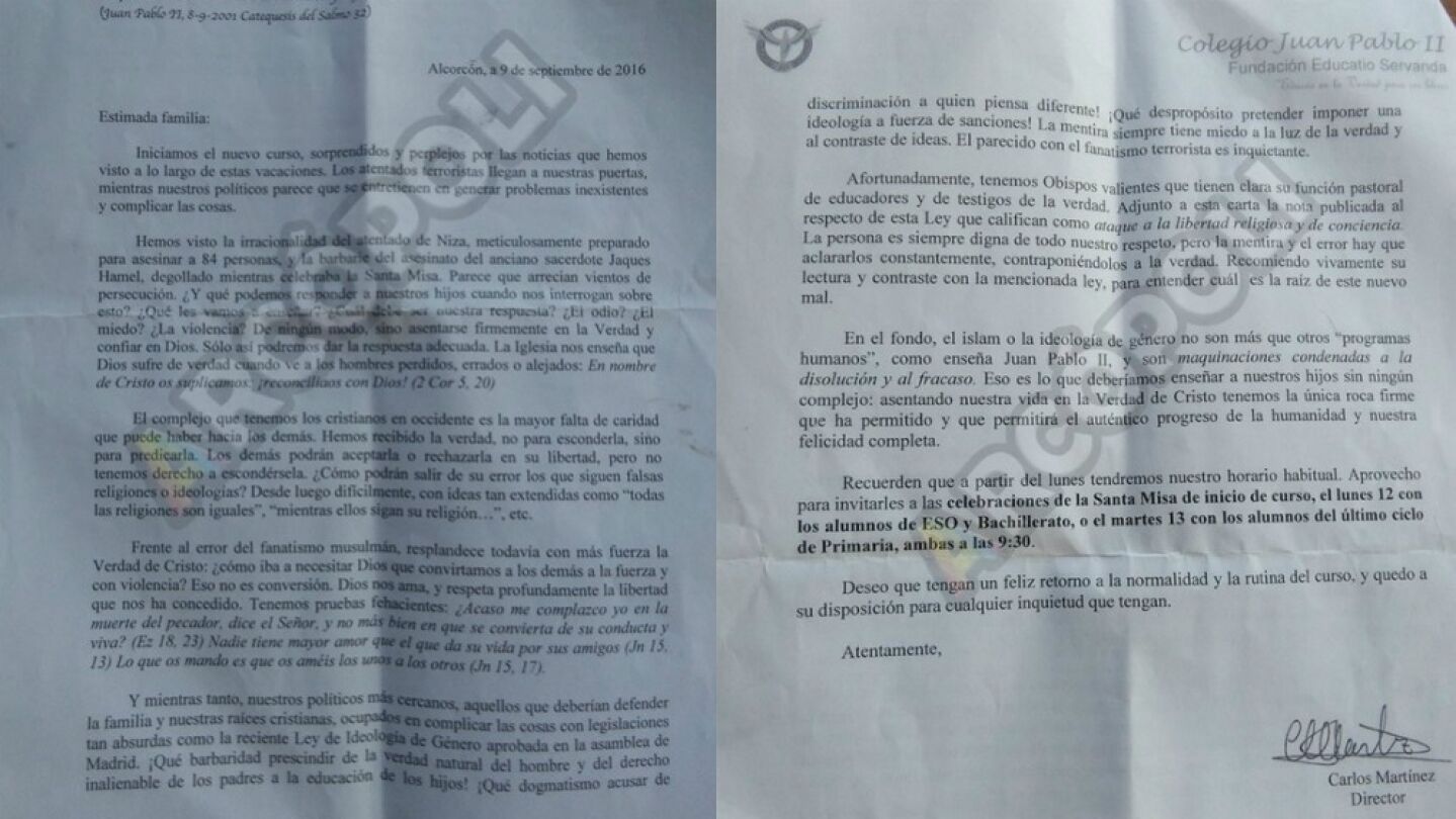 La carta del director del colegio Juan Pablo II de Alcorc&oacute;n