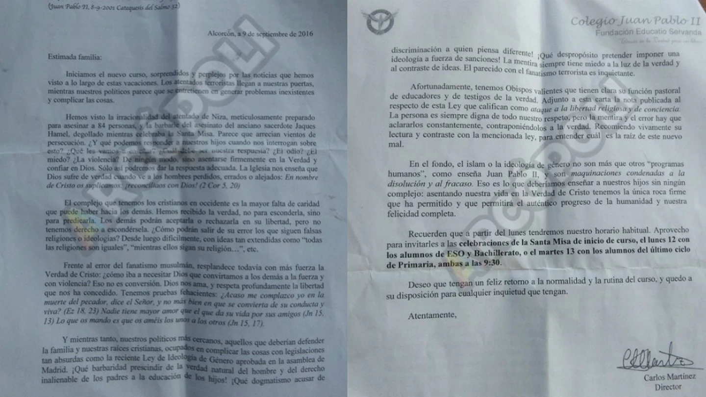 La carta del director del colegio Juan Pablo II de Alcorcón La carta del director del colegio Juan Pablo II de Alcorcón