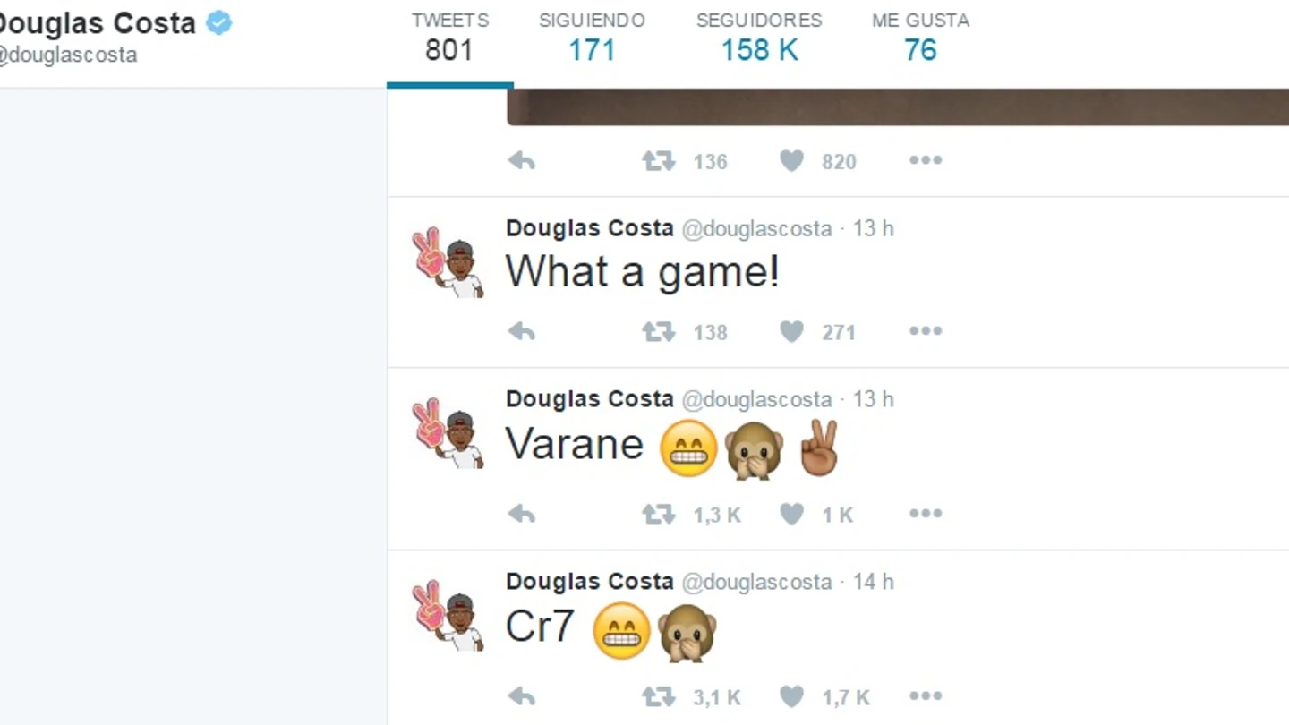 Tuits de Douglas Costa celebrando los goles del Madrid Tuits de Douglas Costa celebrando los goles del Madrid