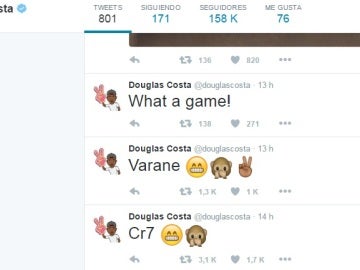 Tuits de Douglas Costa celebrando los goles del Madrid Tuits de Douglas Costa celebrando los goles del Madrid