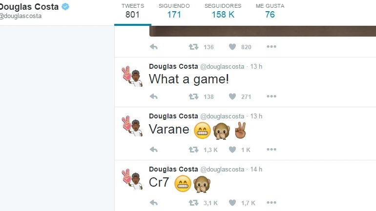 Tuits de Douglas Costa celebrando los goles del Madrid Tuits de Douglas Costa celebrando los goles del Madrid