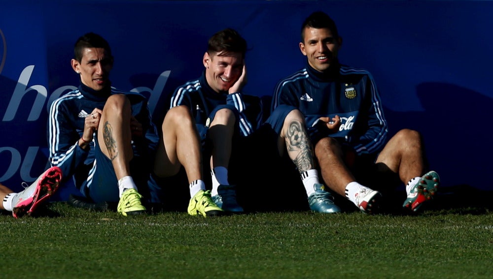 Di María, Messi y Agüero, durante un entrenamiento con la 'albiceleste'