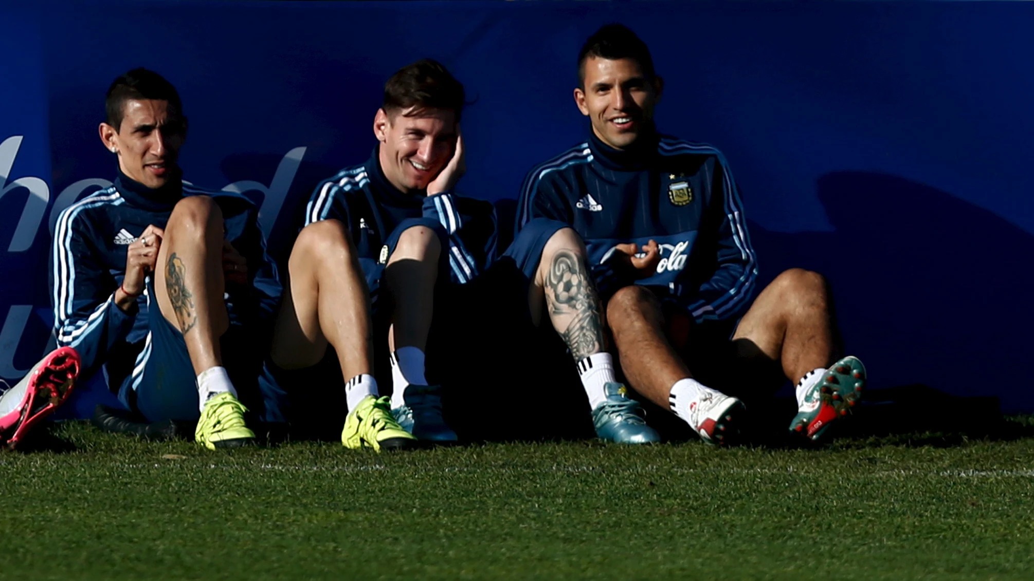 Di Mar&iacute;a, Messi y Ag&uuml;ero, durante un entrenamiento con la 'albiceleste'