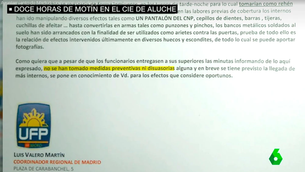 Imagen del informe que aconsejaba actuar en el CIE de Aluche