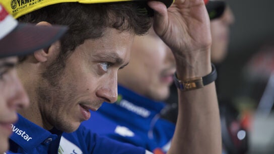 Valentino Rossi, en una rueda de prensa junto a M&aacute;rquez y Lorenzo