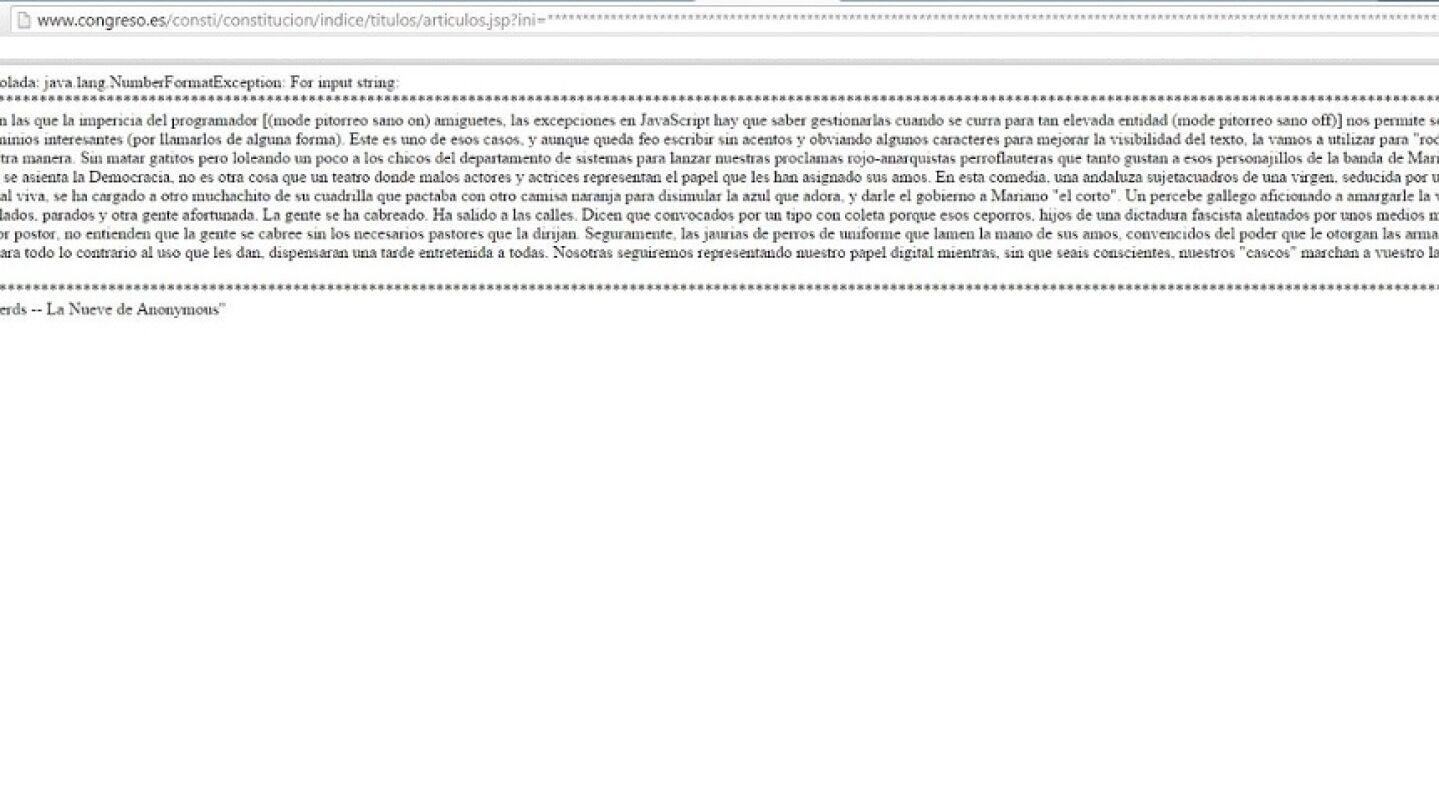 Captura de pantalla de la p&aacute;gina web del Congreso de los Diputados durante su hackeo