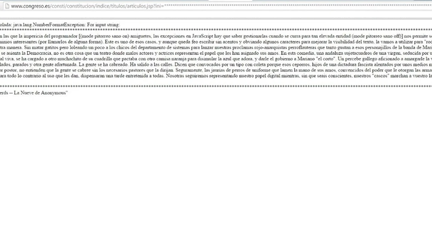 Captura de pantalla de la página web del Congreso de los Diputados durante su hackeo Captura de pantalla de la página web del Congreso de los Diputados durante su hackeo