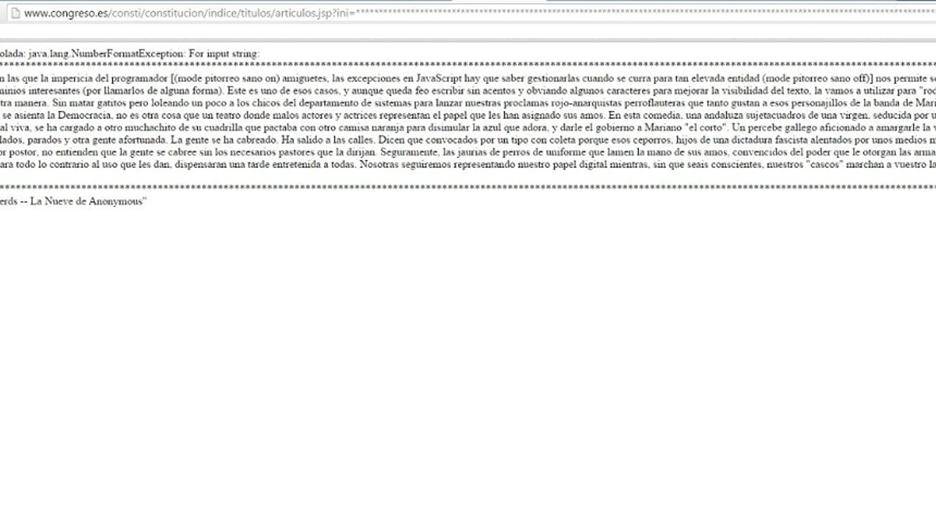 Captura de pantalla de la página web del Congreso de los Diputados durante su hackeo