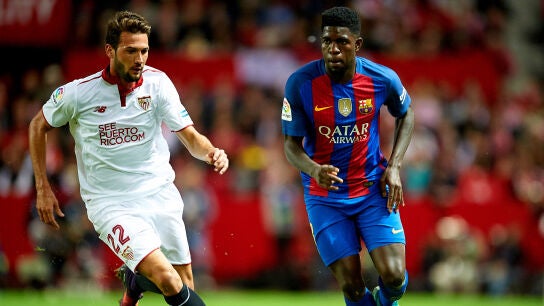 Umtiti, en acci&oacute;n en el S&aacute;nchez Pizju&aacute;n