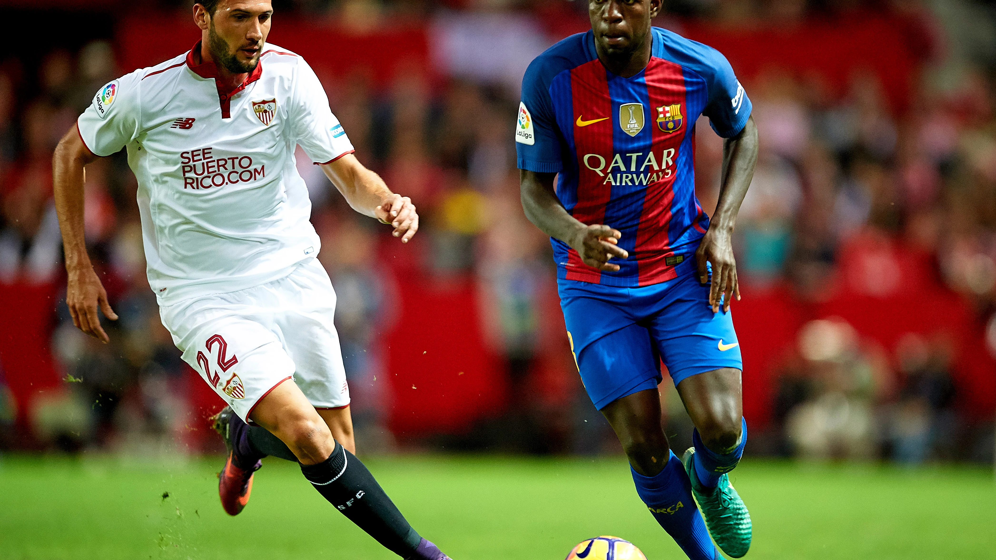Umtiti, en acci&oacute;n en el S&aacute;nchez Pizju&aacute;n