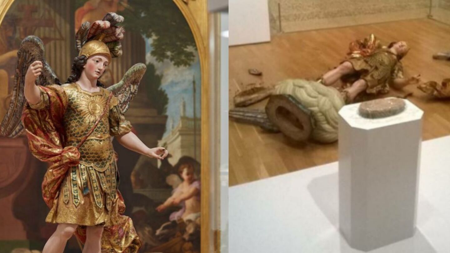 La talla antes y despu&eacute;s de ser derribada