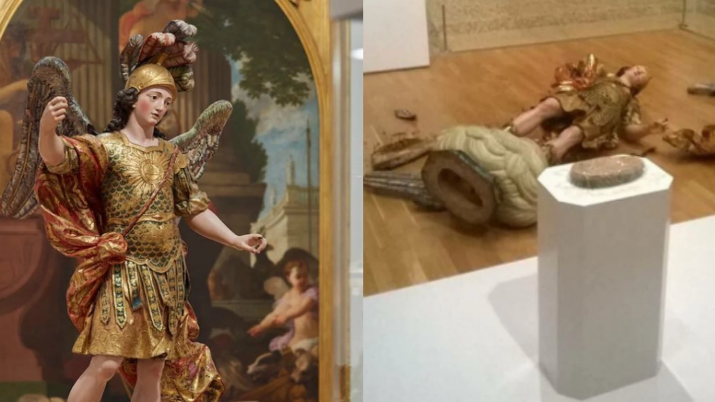 La talla antes y después de ser derribada La talla antes y después de ser derribada