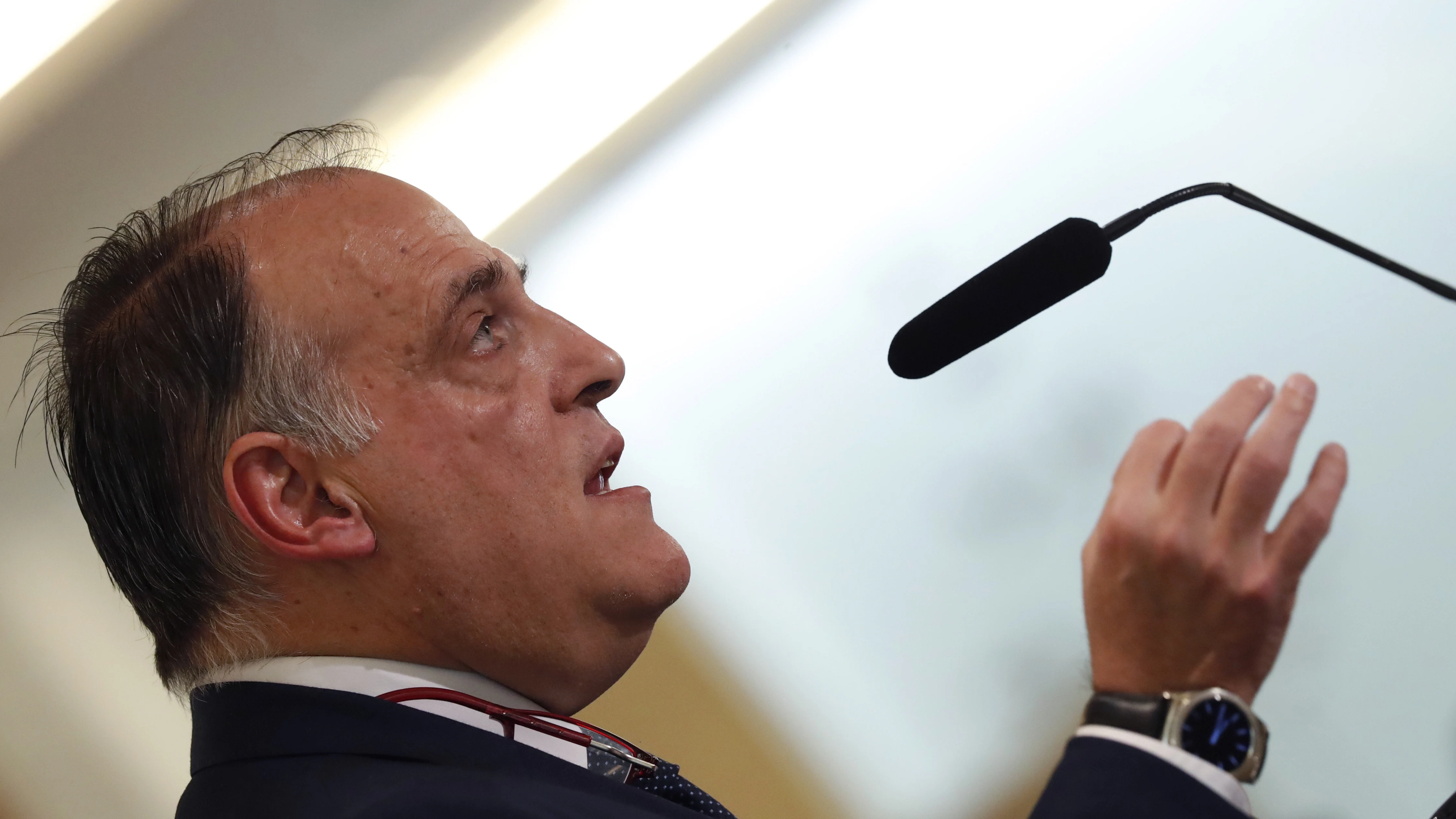 Javier Tebas, durante el acto con la prensa