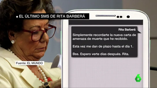Frame 13.455853 de: El último mensaje de Rita Barberá a Interior: "Sólo recordarte la nueva amenaza de muerte que he recibido" Frame 13.455853 de: El último mensaje de Rita Barberá a Interior: "Sólo recordarte la nueva amenaza de muerte que he recibido"