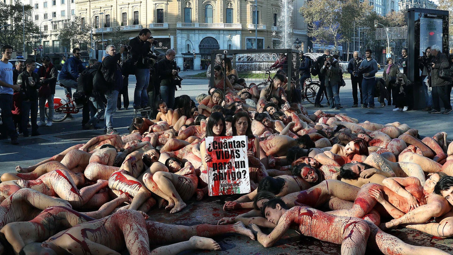 alrededor de un centenar de personas de todas partes de Espa&ntilde;a, as&iacute; como de otros pa&iacute;ses, se han dado cita hoy en el Paseo de Gracia de Barcelona para desafiar las bajas temperaturas del invierno y desnudarse en protesta contra el uso de pieles de animales