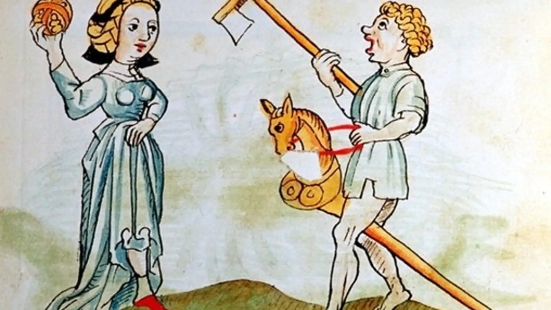 Ilustración medieval de niños jugando con un caballito y una pelota. / ÖNB-Biblioteca Nacional de Austria 12820, fol. 182r, c. 1484-1486.