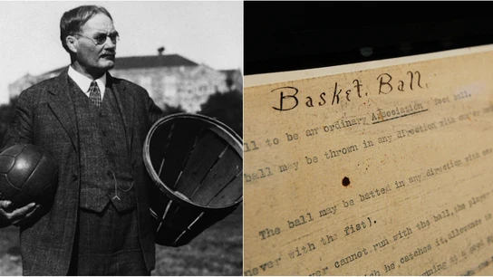 A la izquierda, James Naismith; a la derecha, el original con las primeras normas del baloncesto A la izquierda, James Naismith; a la derecha, el original con las primeras normas del baloncesto