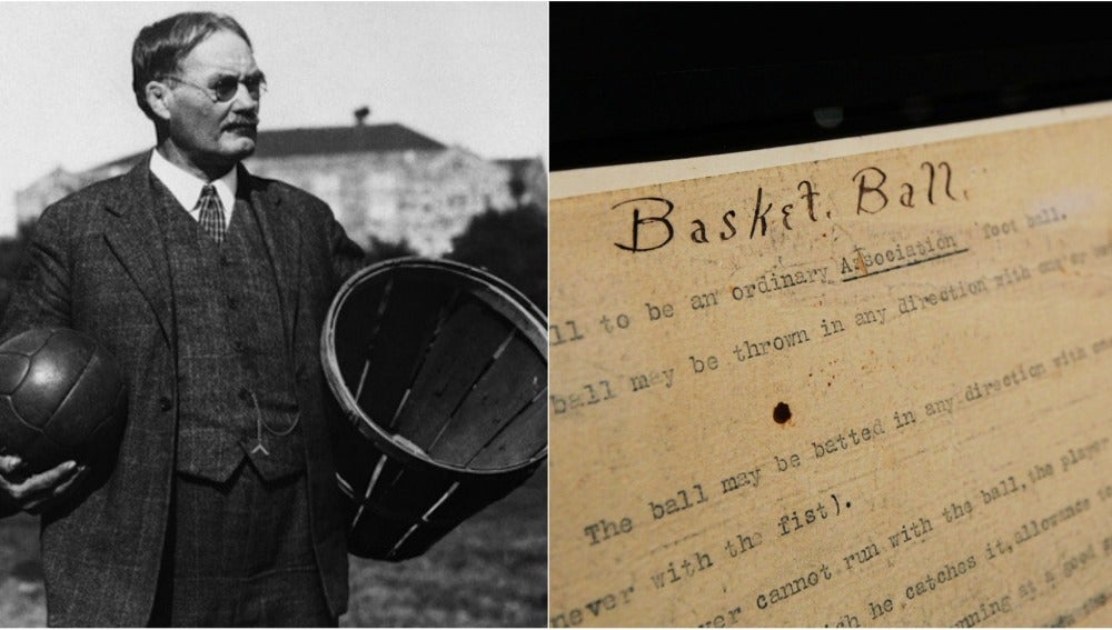 A la izquierda, James Naismith; a la derecha, el original con las primeras normas del baloncesto