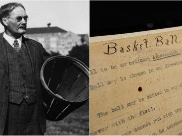A la izquierda, James Naismith; a la derecha, el original con las primeras normas del baloncesto A la izquierda, James Naismith; a la derecha, el original con las primeras normas del baloncesto