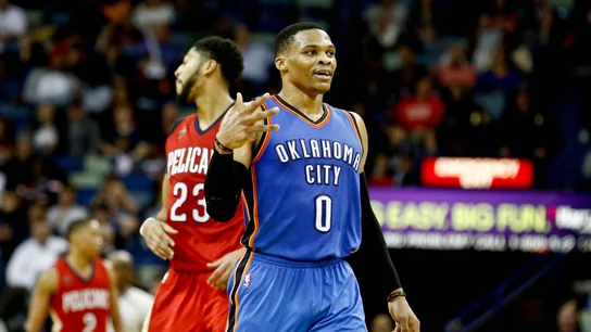 Russell Westbrook celebra un punto con Oklahoma City Thunder Russell Westbrook celebra un punto con Oklahoma City Thunder