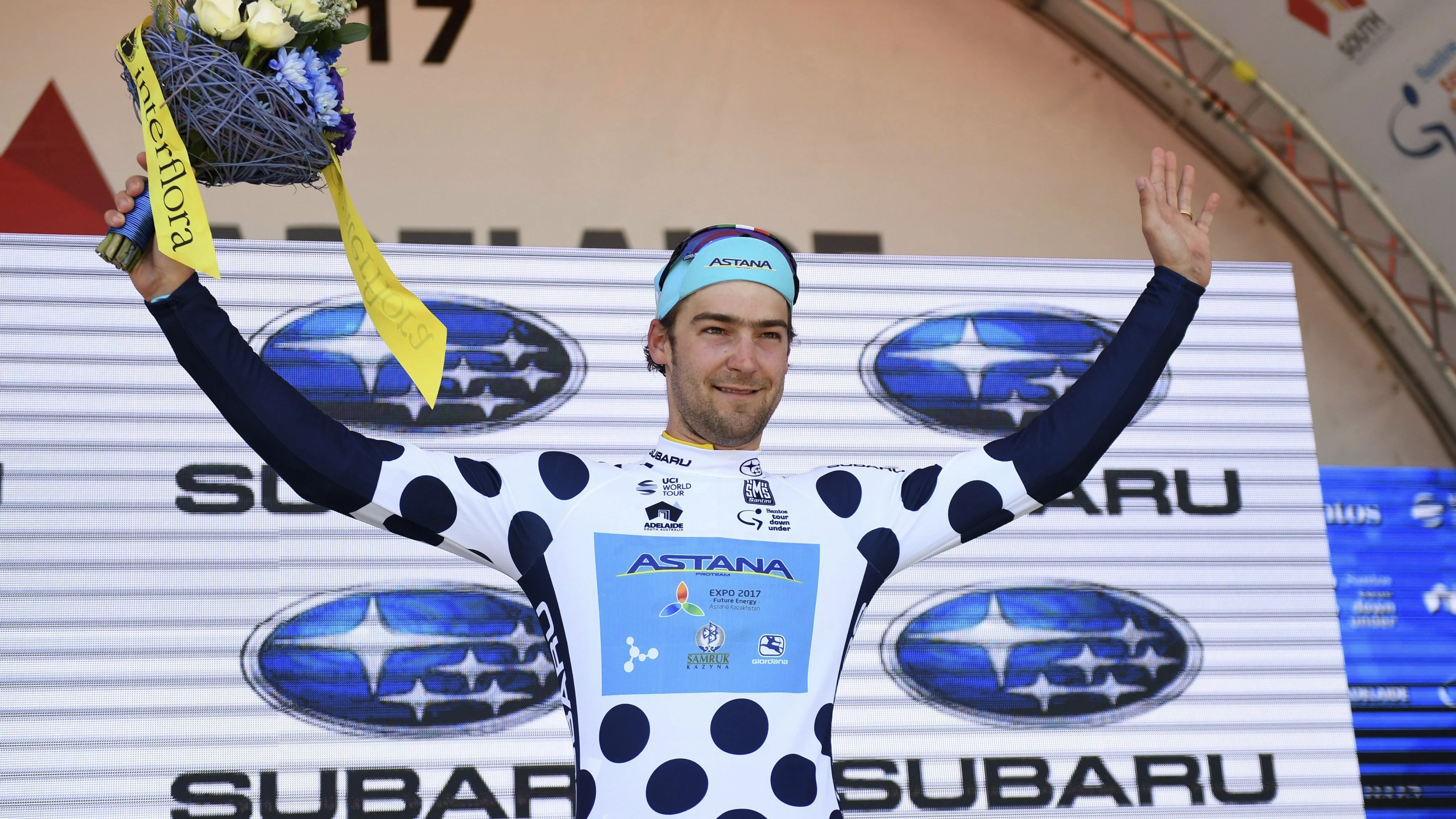 Laurens de Vreese, con el maillot de la montaña en el Tour Down Under