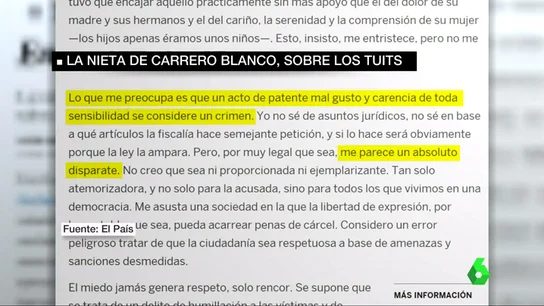 Frame 2.127565 de: Una nieta de Carrero Blanco ve "un disparate" que pidan penas de cárcel por los tuits sobre su abuelo Frame 2.127565 de: Una nieta de Carrero Blanco ve "un disparate" que pidan penas de cárcel por los tuits sobre su abuelo