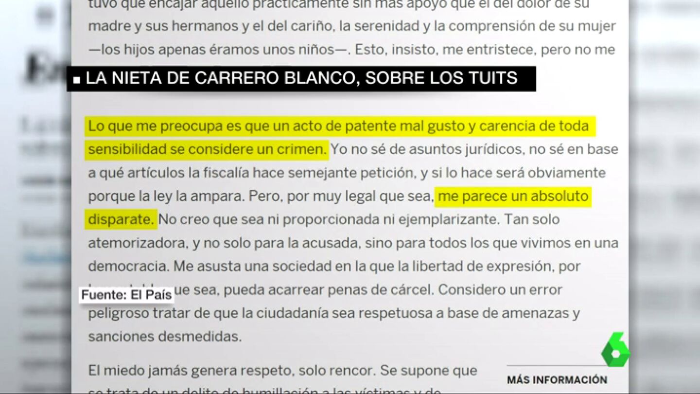 Frame 2.127565 de: Una nieta de Carrero Blanco ve "un disparate" que pidan penas de c&aacute;rcel por los tuits sobre su abuelo