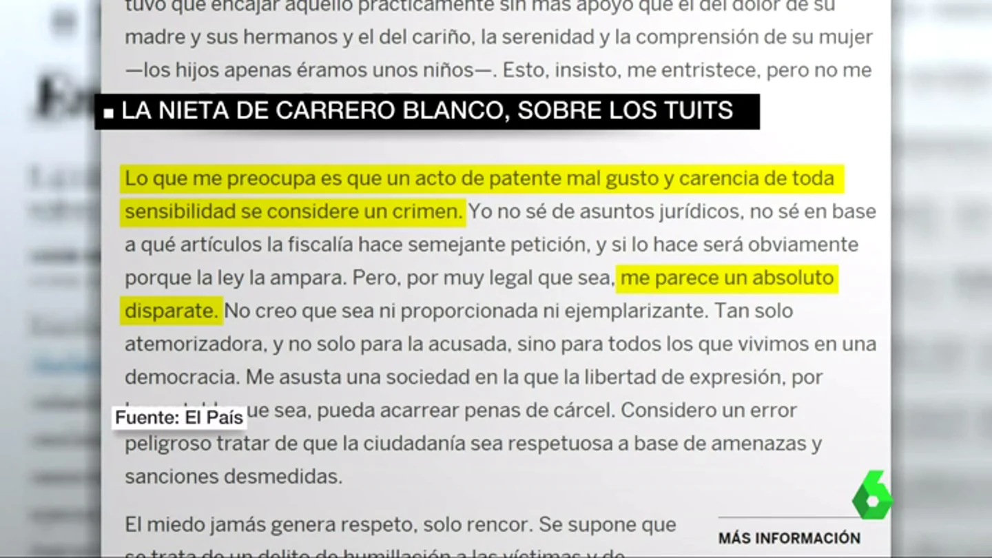 Frame 2.127565 de: Una nieta de Carrero Blanco ve "un disparate" que pidan penas de cárcel por los tuits sobre su abuelo Frame 2.127565 de: Una nieta de Carrero Blanco ve "un disparate" que pidan penas de cárcel por los tuits sobre su abuelo