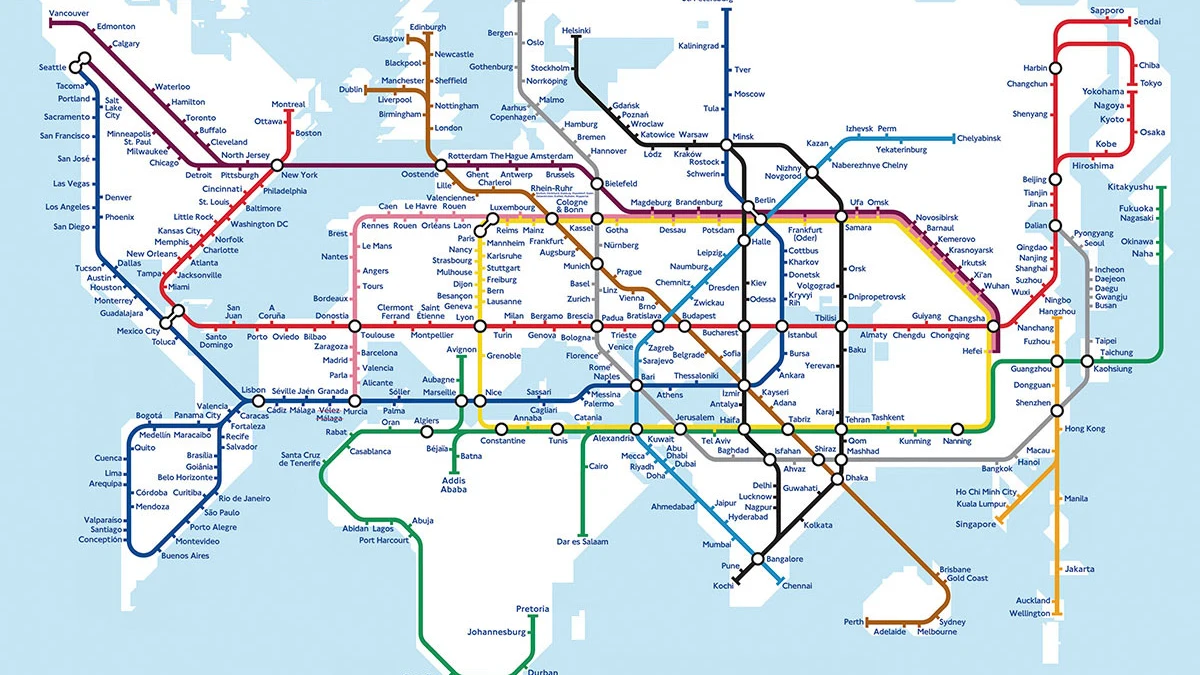 Plano de metro mundial imaginado por Mark Ovenden Plano de metro mundial imaginado por Mark Ovenden