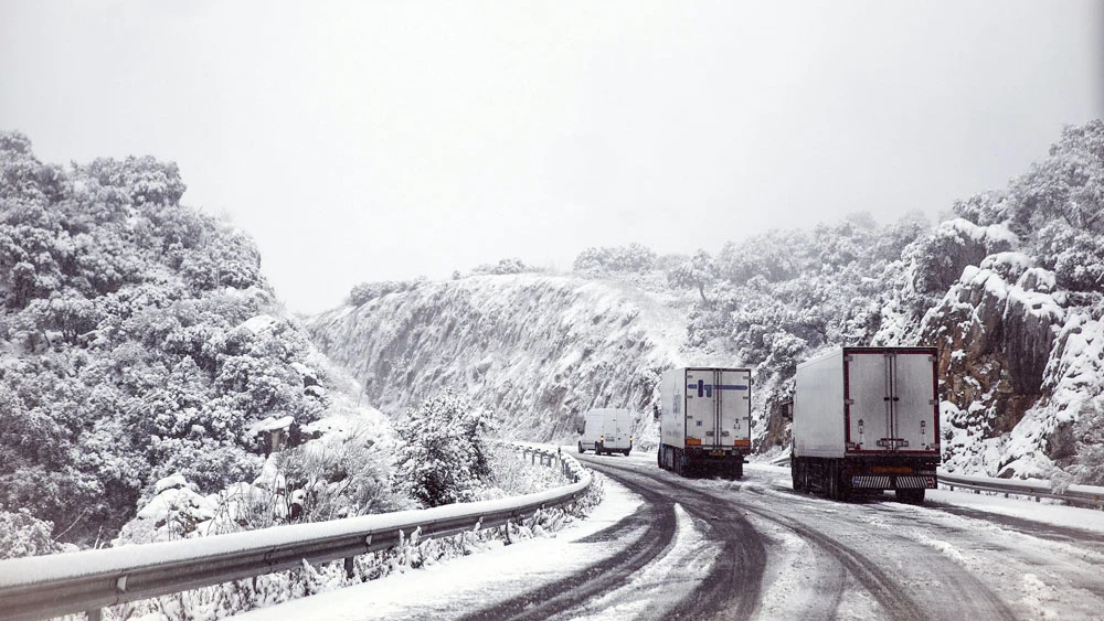 Varios camiones en una carretera nevada