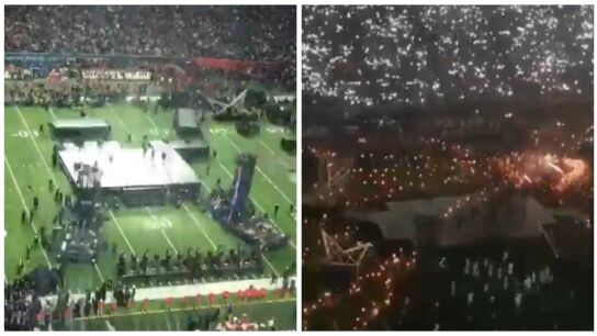 Montaje del escenario durante el descanso de la Super Bowl
