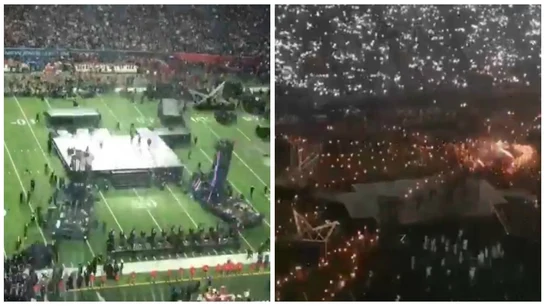 Montaje del escenario durante el descanso de la Super Bowl Montaje del escenario durante el descanso de la Super Bowl