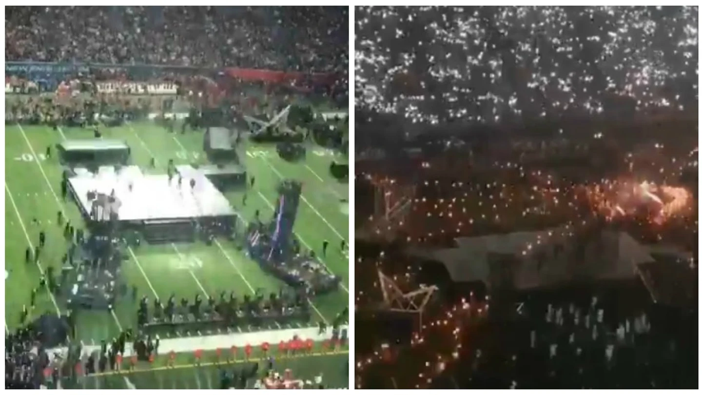 Montaje del escenario durante el descanso de la Super Bowl Montaje del escenario durante el descanso de la Super Bowl