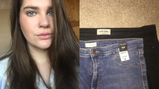 Lucy Horsley junto a la imagen de los pantalones que colg&oacute; en Facebook