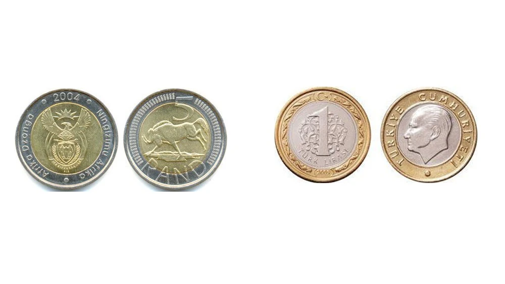 Monedas de Sudáfrica y Turquía