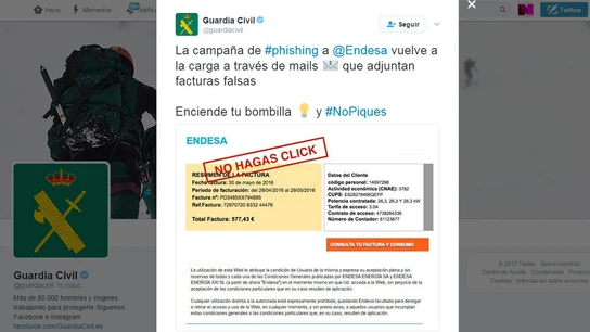 Tuit de la Guardia Civil alertando sobre la falsa factura de la luz Tuit de la Guardia Civil alertando sobre la falsa factura de la luz