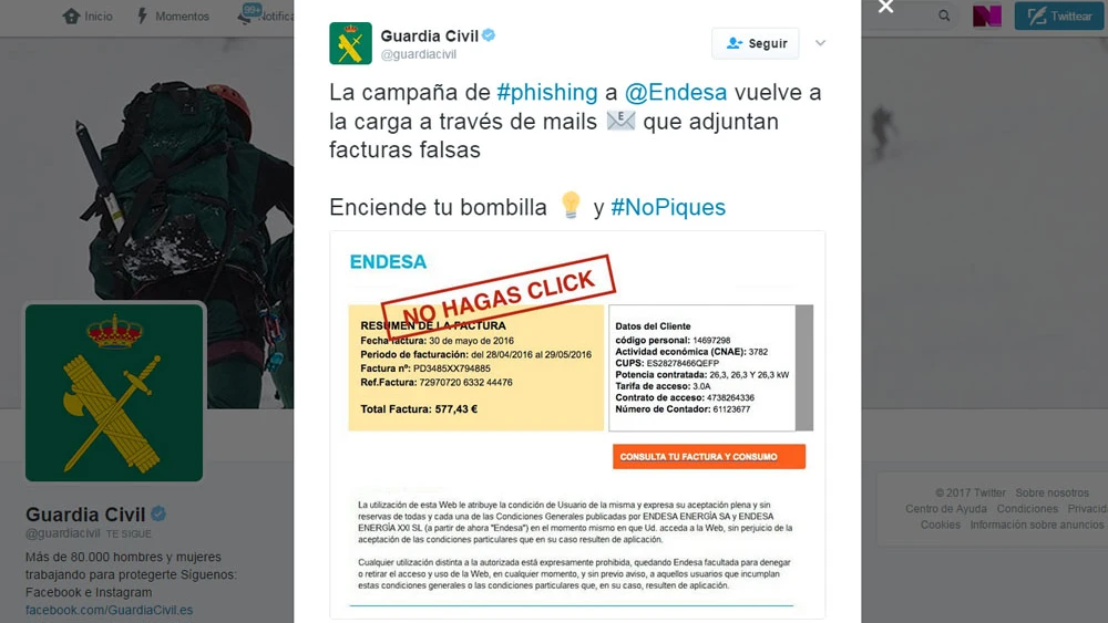 Tuit de la Guardia Civil alertando sobre la falsa factura de la luz