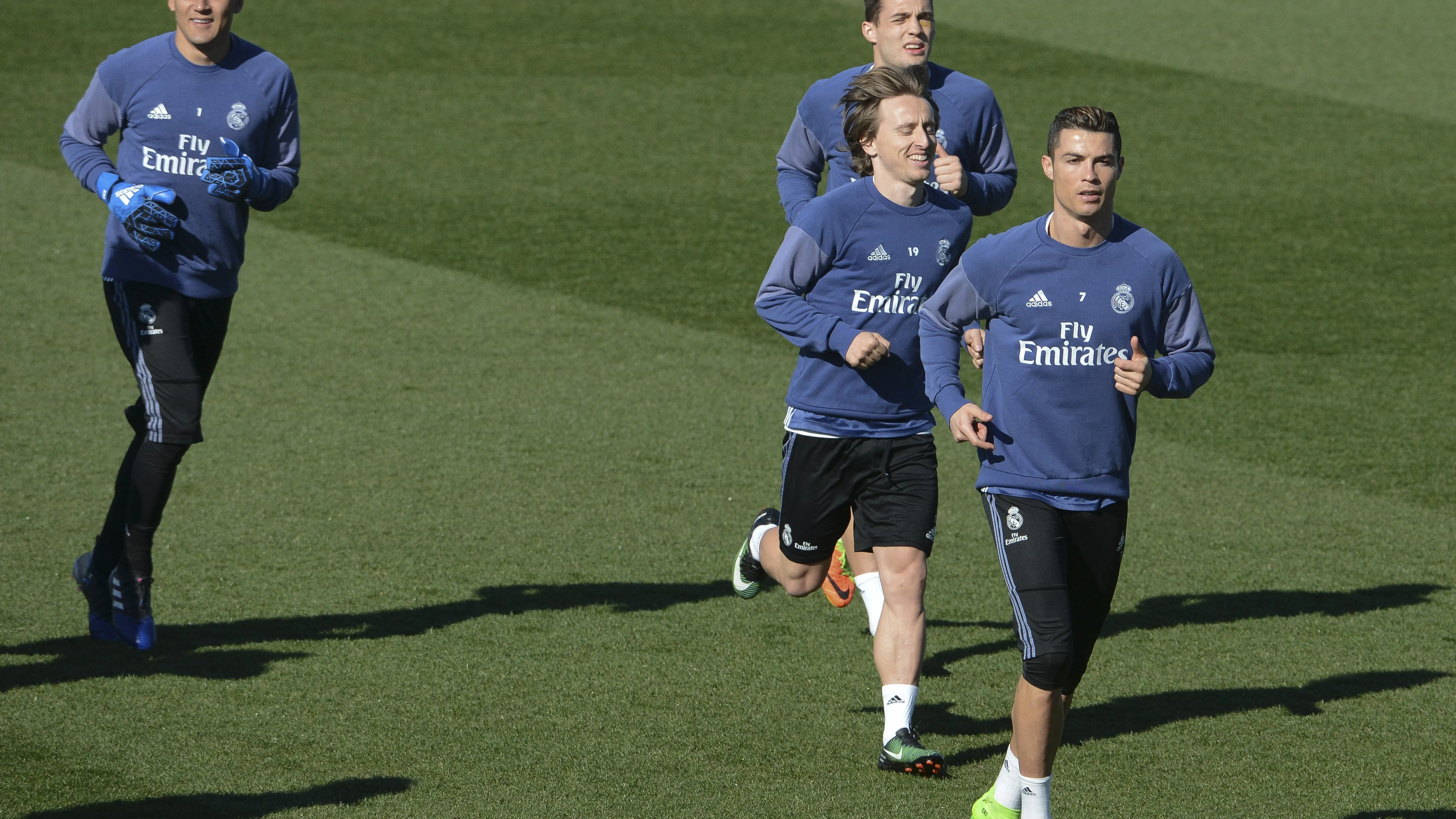 Cristiano Ronaldo, Modric, Kovacic y Keylor Navas, en el entrenamiento del Real Madrid