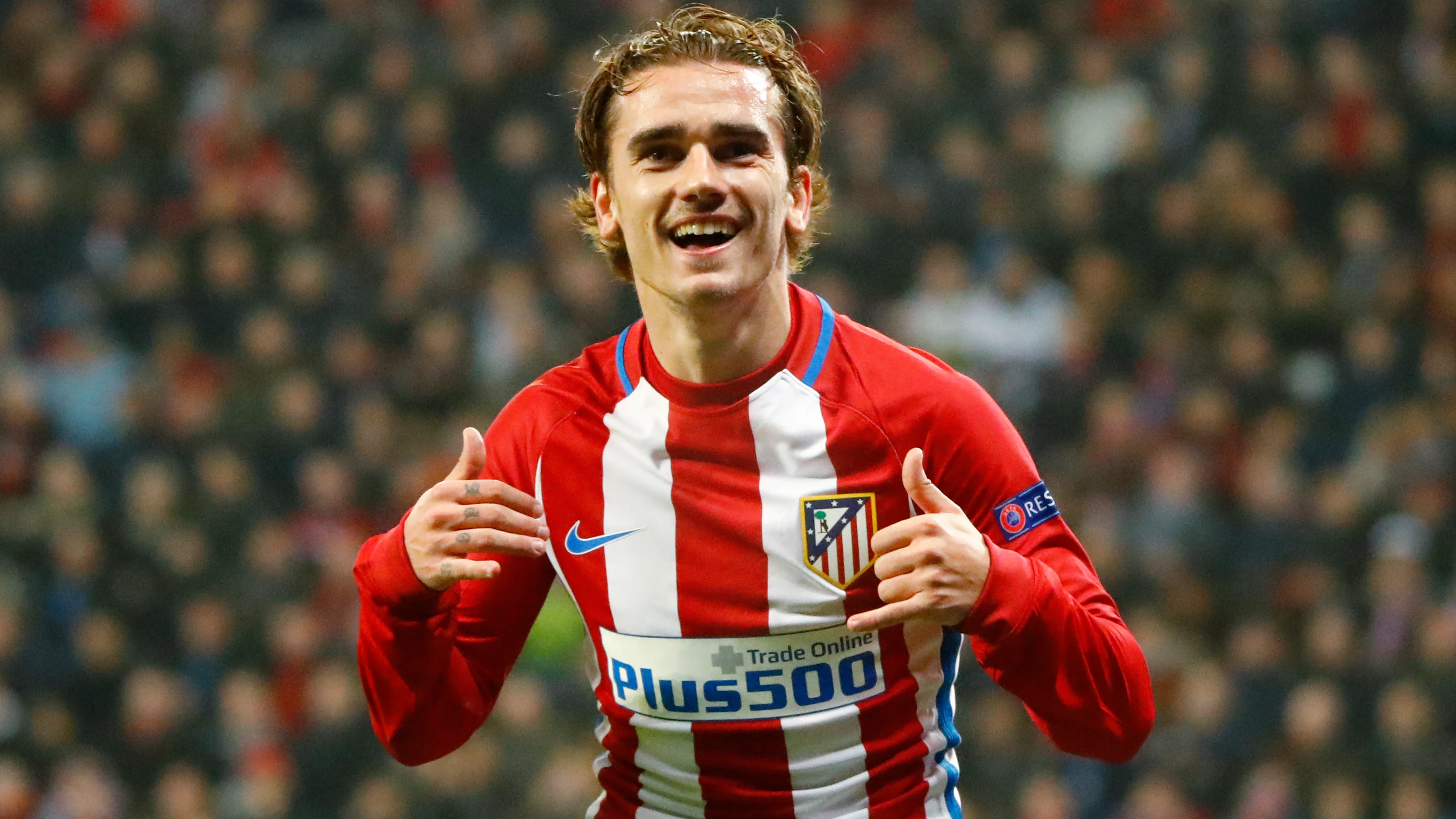 Griezmann celebra el segundo gol al Leverkusen